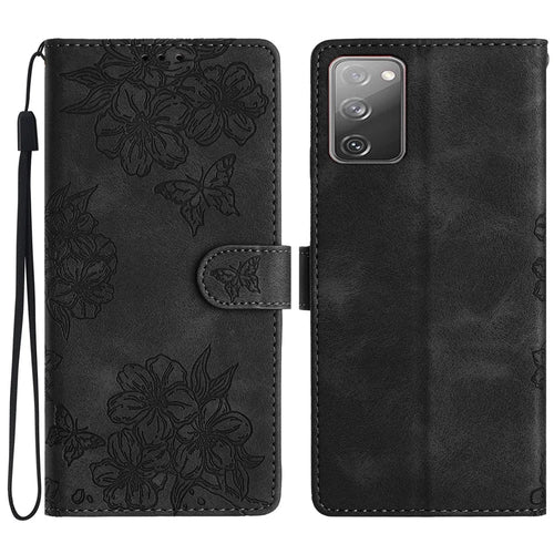 For Samsung Galaxy S20 FE / S20 FE 5G / S20 FE 2022 / S20 Lite Case Sakura Butterfly Imprint Leather Wallet Phone Cover - Black - 1