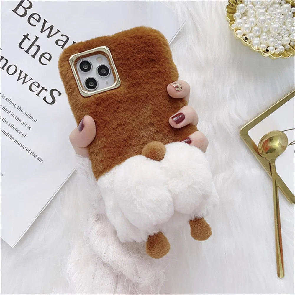Cute Phone Shell for iPhone 14 6.1 inch, Fluffy Phone Case Warm Plush+TPU Soft Phone Cover - Brown - 2