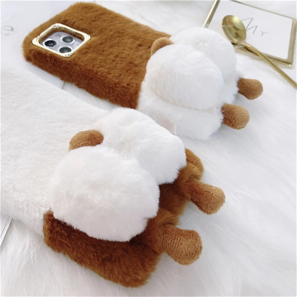 Cute Phone Shell for iPhone 14 6.1 inch, Fluffy Phone Case Warm Plush+TPU Soft Phone Cover - Brown - 6
