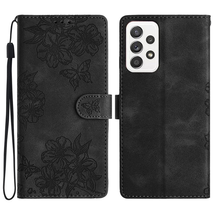 For Samsung Galaxy A53 5G Phone Case Sakura Butterfly Pattern Skin-Touch PU Leather Cover - Black - 1