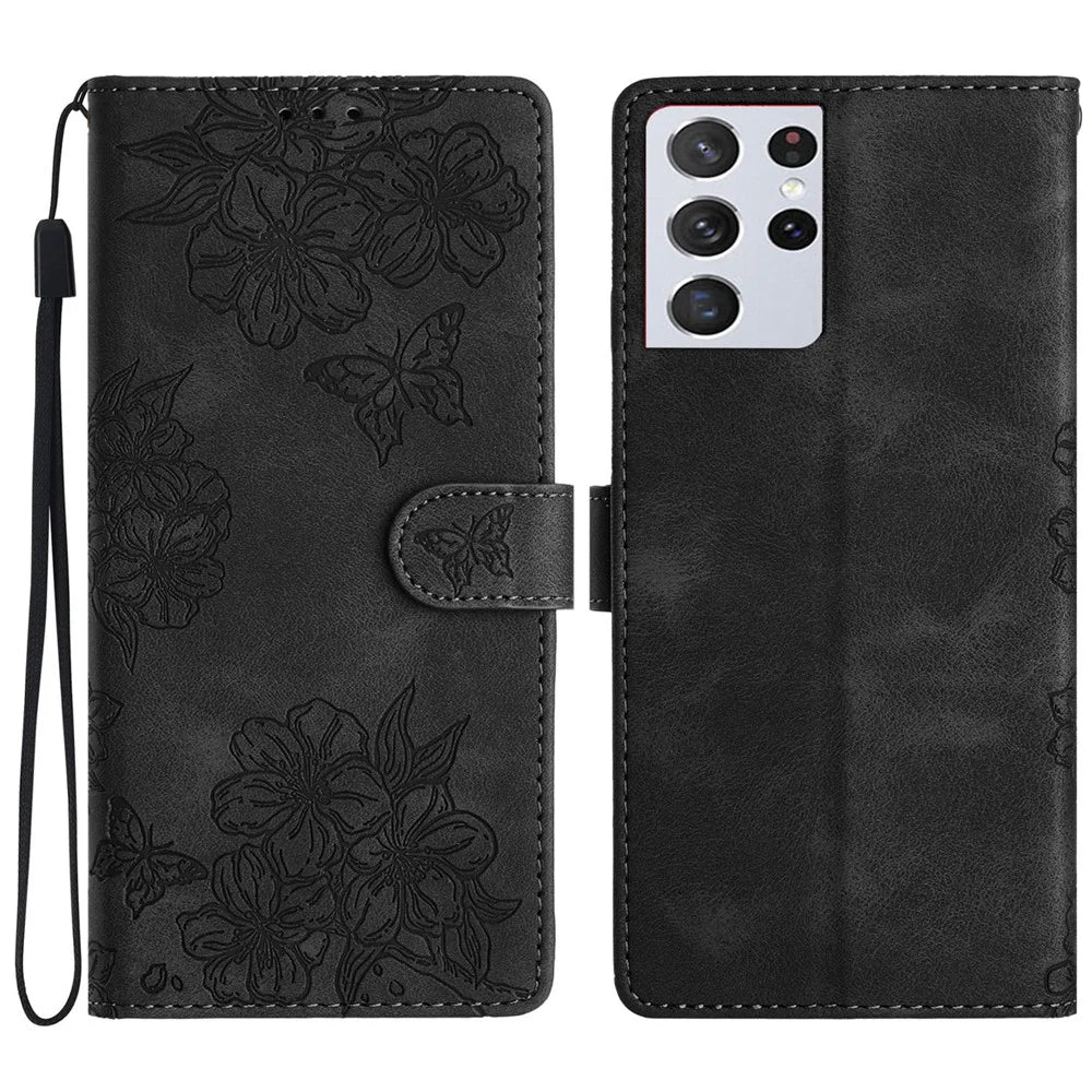 For Samsung Galaxy S21 Ultra 5G Phone Shell PU Leather Imprinted Pattern Wallet Phone Cover - Black - 1