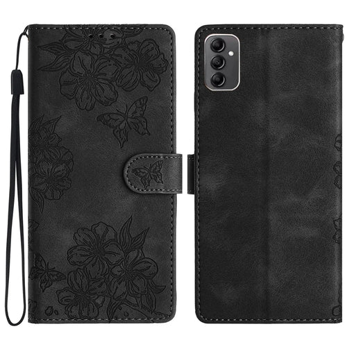 For Samsung Galaxy A14 5G Case Sakura Butterfly Imprint Anti-Scratch PU Leather Phone Cover - Black - 1
