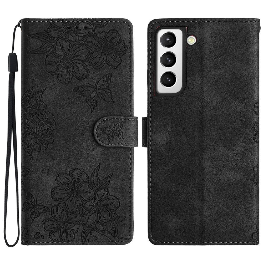 For Samsung Galaxy S21 5G / 4G   Phone Stand Case Sakura Butterfly Imprinted PU Leather Phone Cover - Black - 1