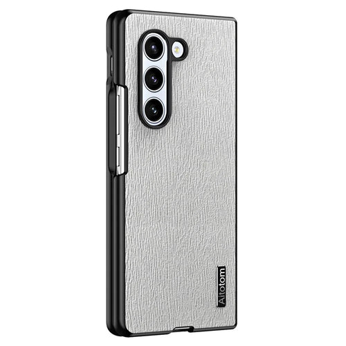 For Samsung Galaxy Z Fold6 5G Case Leather+PC+TPU Hybrid Phone Cover Wood Texture - Grey - 1