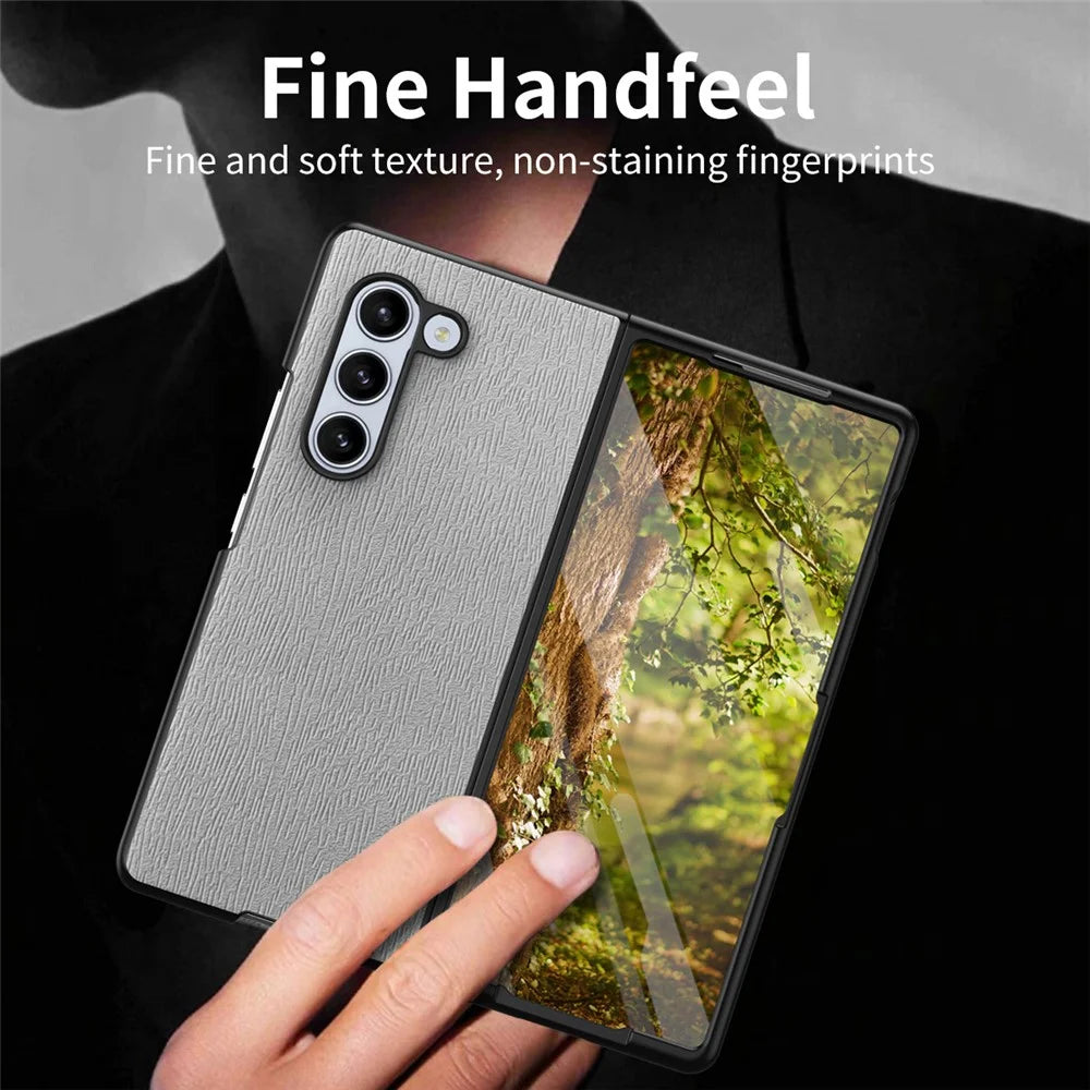 For Samsung Galaxy Z Fold6 5G Case Leather+PC+TPU Hybrid Phone Cover Wood Texture - Grey - 2