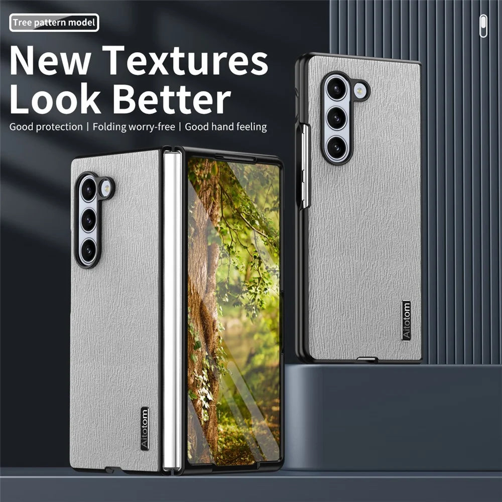 For Samsung Galaxy Z Fold6 5G Case Leather+PC+TPU Hybrid Phone Cover Wood Texture - Grey - 3