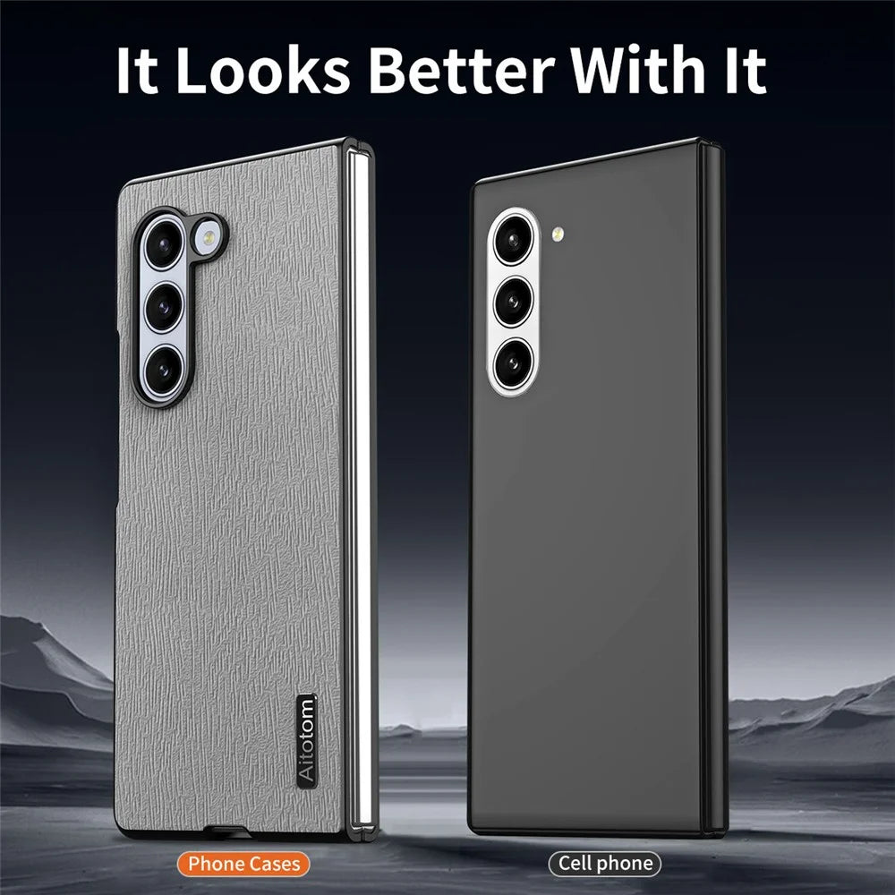 For Samsung Galaxy Z Fold6 5G Case Leather+PC+TPU Hybrid Phone Cover Wood Texture - Grey - 4