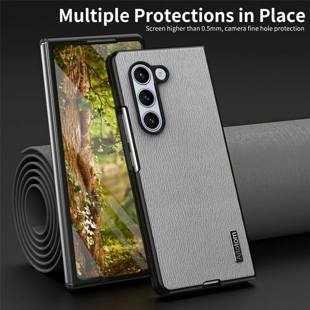 For Samsung Galaxy Z Fold6 5G Case Leather+PC+TPU Hybrid Phone Cover Wood Texture - Grey - 5