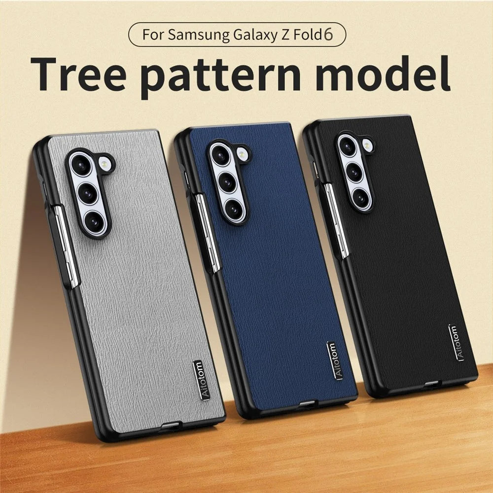 For Samsung Galaxy Z Fold6 5G Case Leather+PC+TPU Hybrid Phone Cover Wood Texture - Grey - 6