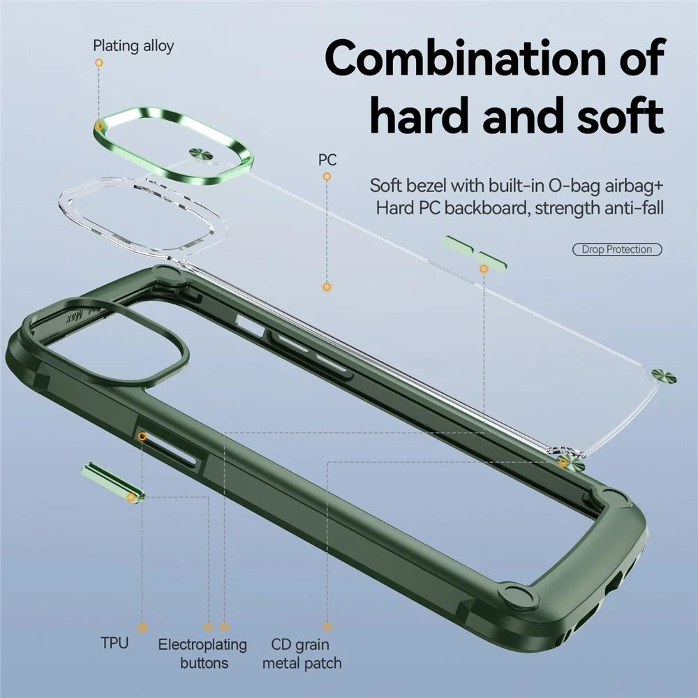 For iPhone 16 Pro Max Case Hybrid PC + TPU Back Phone Cover with Alloy Lens Frame - Green - 6