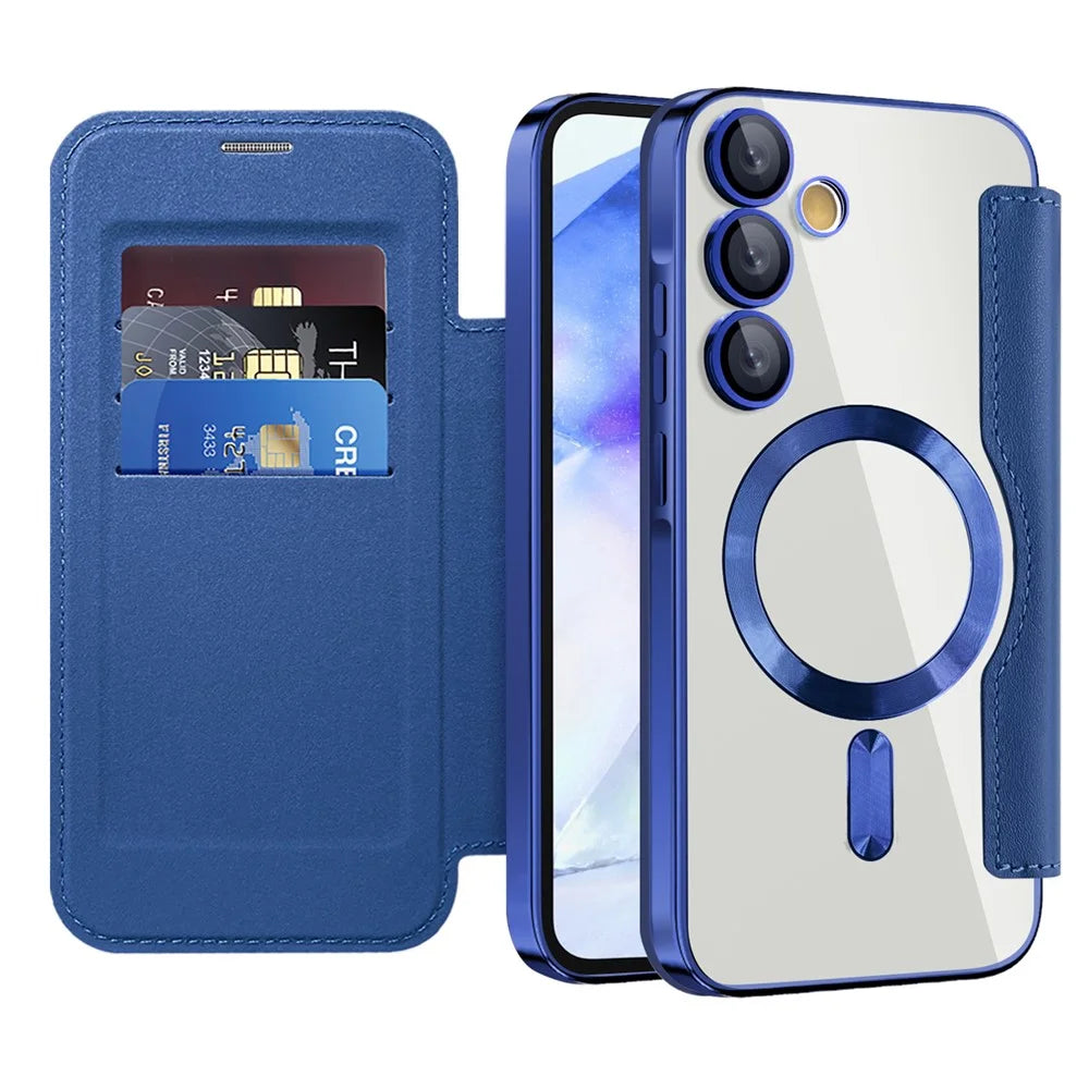 For Samsung Galaxy A55 5G Magnetic Case RFID Blocking Card Holder Leather Phone Cover - Sapphire - 2
