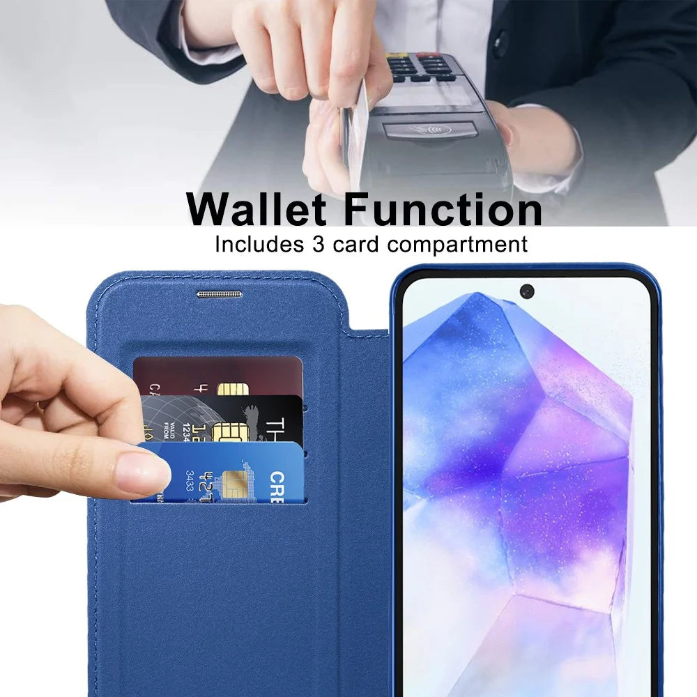 For Samsung Galaxy A55 5G Magnetic Case RFID Blocking Card Holder Leather Phone Cover - Sapphire - 3