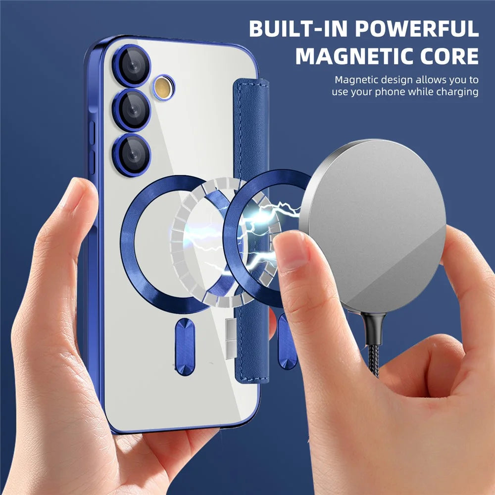 For Samsung Galaxy A55 5G Magnetic Case RFID Blocking Card Holder Leather Phone Cover - Sapphire - 4