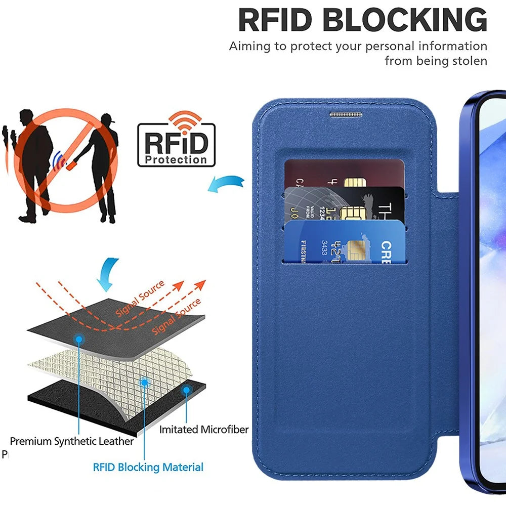 For Samsung Galaxy A55 5G Magnetic Case RFID Blocking Card Holder Leather Phone Cover - Sapphire - 5