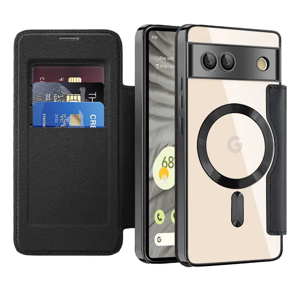 For Google Pixel 7a Magnetic Case Card Holder Leather Phone Cover - Black - 2
