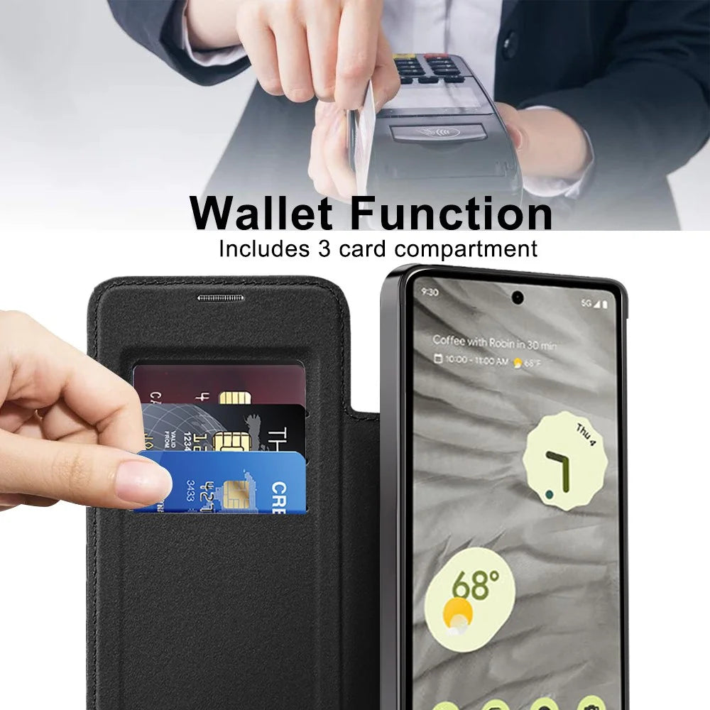 For Google Pixel 7a Magnetic Case Card Holder Leather Phone Cover - Black - 3