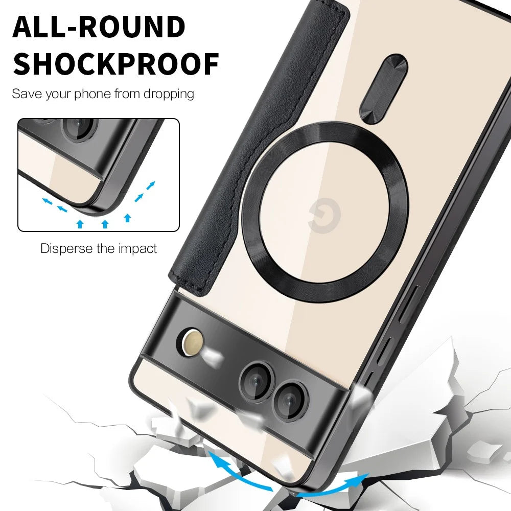 For Google Pixel 7a Magnetic Case Card Holder Leather Phone Cover - Black - 6