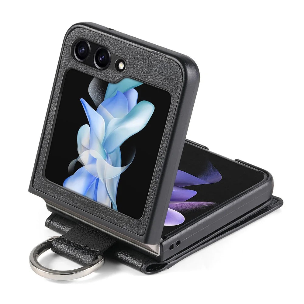 For Samsung Galaxy Z Flip7 FE 5G / Z Flip6 5G Phone Case Card Slot Kickstand PU+PC Cover with Finger Ring - Black - 4