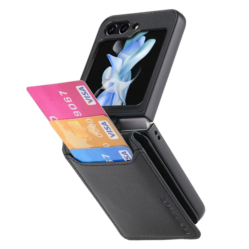 For Samsung Galaxy Z Flip7 FE 5G / Z Flip6 5G Phone Case Card Slot Kickstand PU+PC Cover with Finger Ring - Black - 5