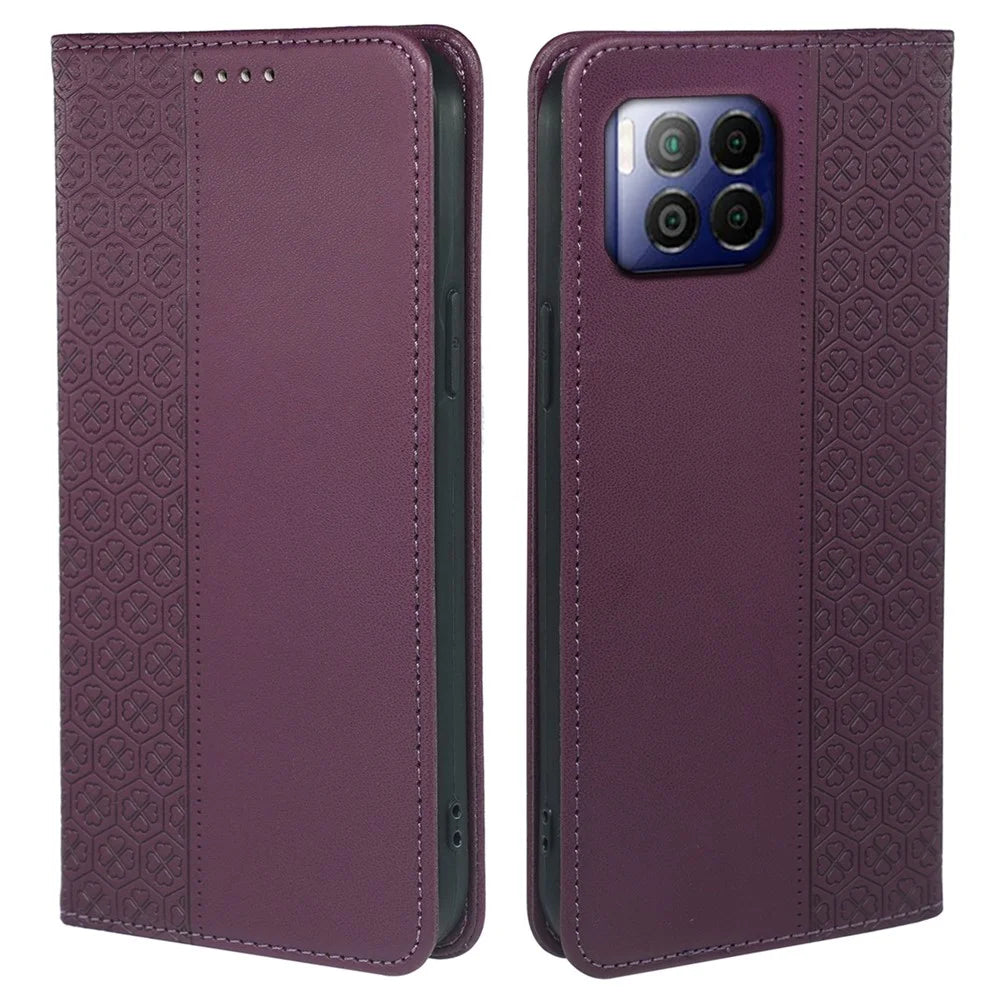 For T-Mobile REVVL 7 Pro / T Phone 2 Pro Case Leather Phone Cover Four-Leaf Clover Imprinted - Dark Purple - 1