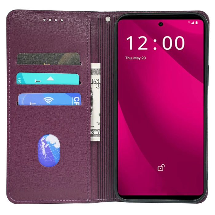 For T-Mobile REVVL 7 Pro / T Phone 2 Pro Case Leather Phone Cover Four-Leaf Clover Imprinted - Dark Purple - 2