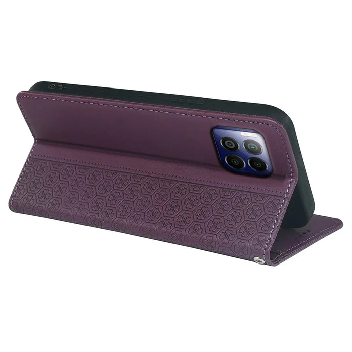 For T-Mobile REVVL 7 Pro / T Phone 2 Pro Case Leather Phone Cover Four-Leaf Clover Imprinted - Dark Purple - 3