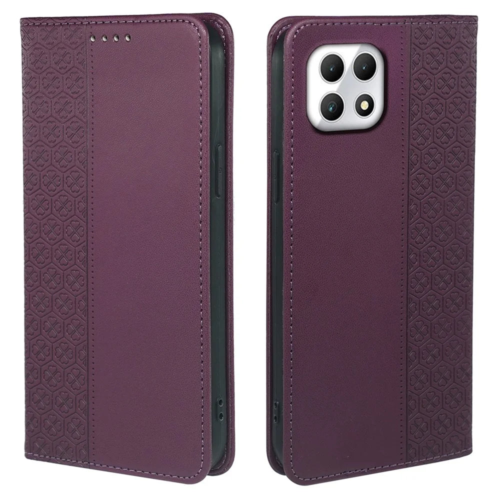 For T-Mobile REVVL 7 / T Phone 2 Case Leather Flip Phone Cover Four-Leaf Clover Pattern - Dark Purple - 1