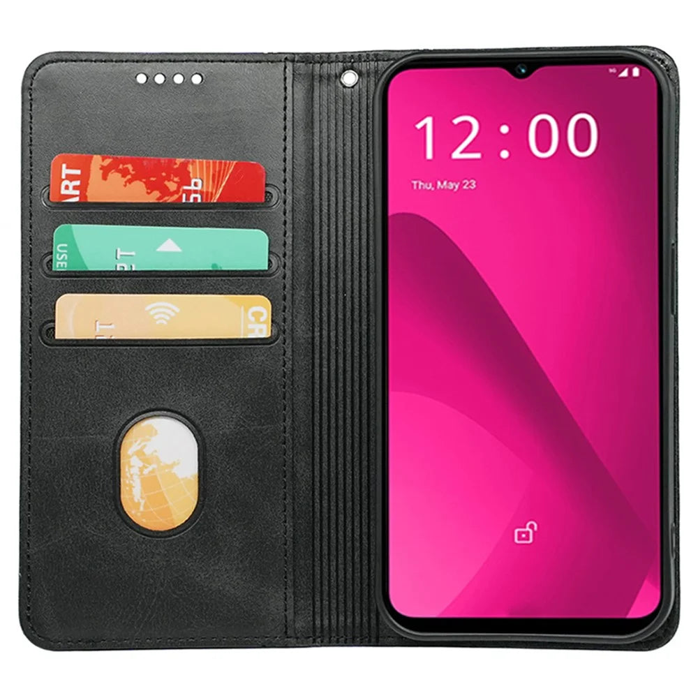 For T-Mobile REVVL 7 / T Phone 2 Case Strong Magnetic Leather Phone Cover Calf Texture - Black - 2
