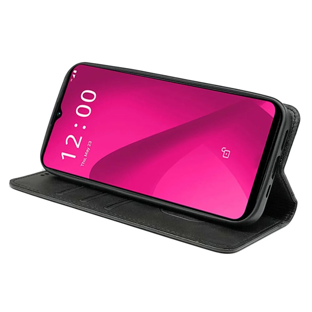 For T-Mobile REVVL 7 / T Phone 2 Case Strong Magnetic Leather Phone Cover Calf Texture - Black - 3