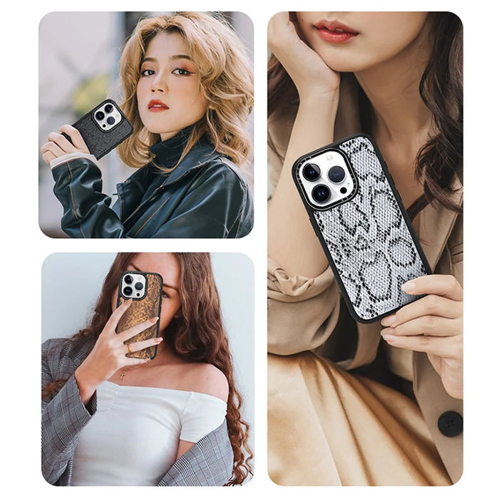 JAUCASE For iPhone 14 Pro Max Case Compatible with MagSafe Snake Texture PU Leather+TPU+PC Phone Cover - Grey - 6