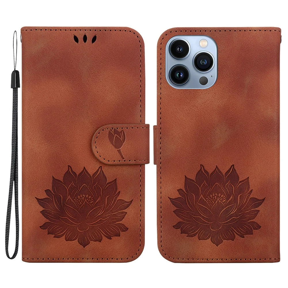 For iPhone 14 Pro Max Case with Hand Strap PU Leather Wallet Cover Lotus Imprinted - Brown - 1