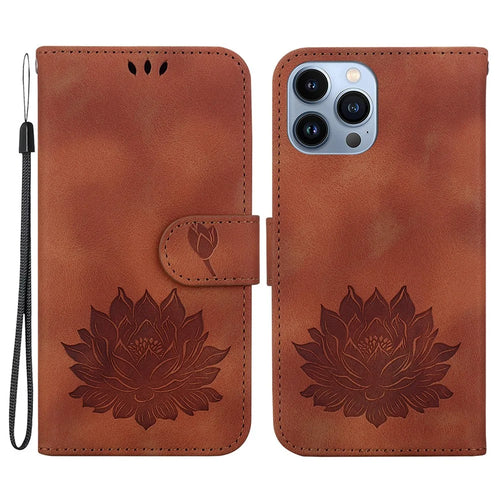For iPhone 14 Pro Case Flip Shockproof Leather Phone Cover Lotus Pattern - Brown - 1