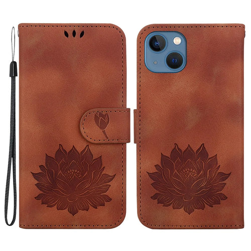For iPhone 14 Case Lotus Imprinted PU Leather Flip Phone Wallet Cover - Brown - 1