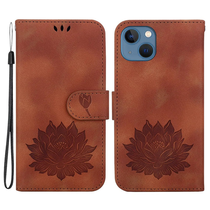 For iPhone 14 Case Lotus Imprinted PU Leather Flip Phone Wallet Cover - Brown - 1