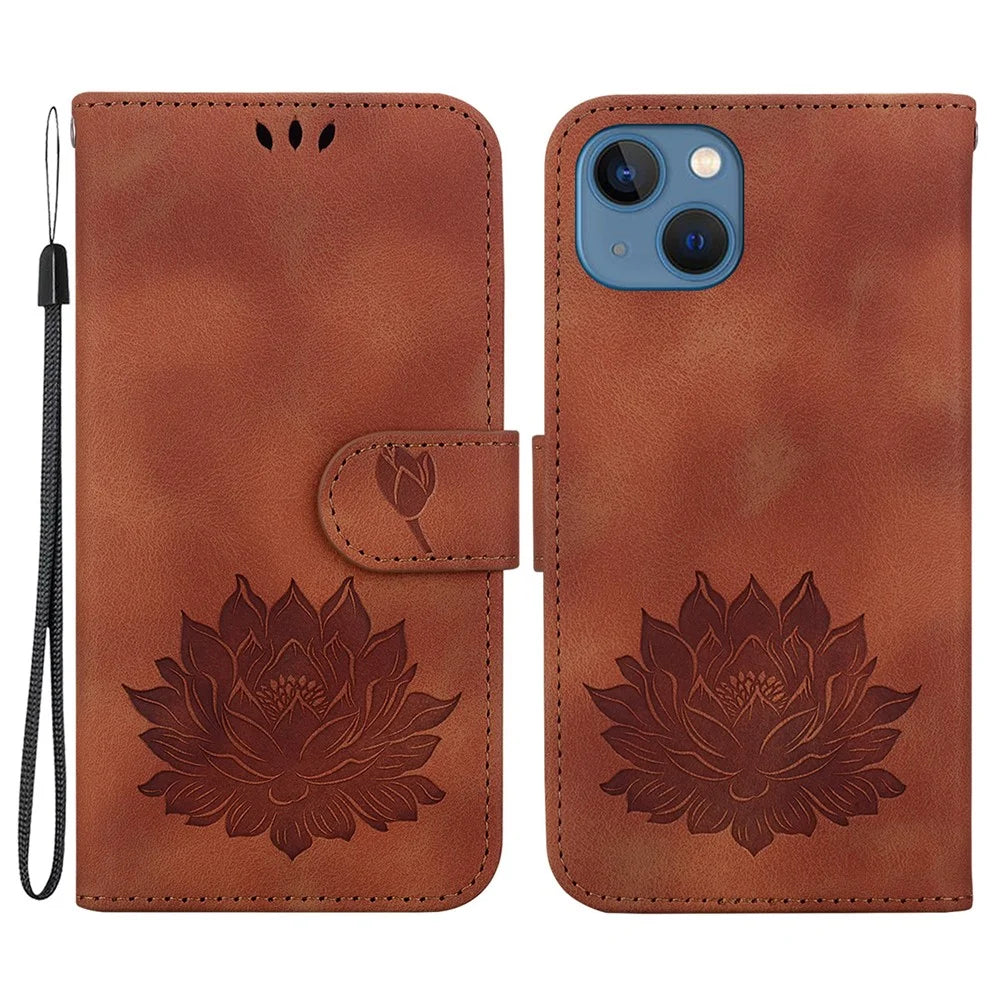 For iPhone 15 Phone Case Wallet Stand Lotus Leather Cover with Wrist Strap - Brown - 1