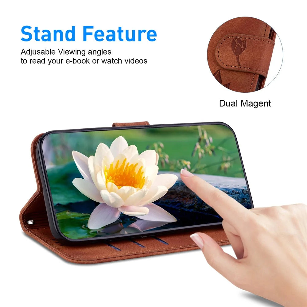 For iPhone 15 Pro Case Leather Slim Fit Wallet Phone Cover Lotus Pattern - Brown - 3