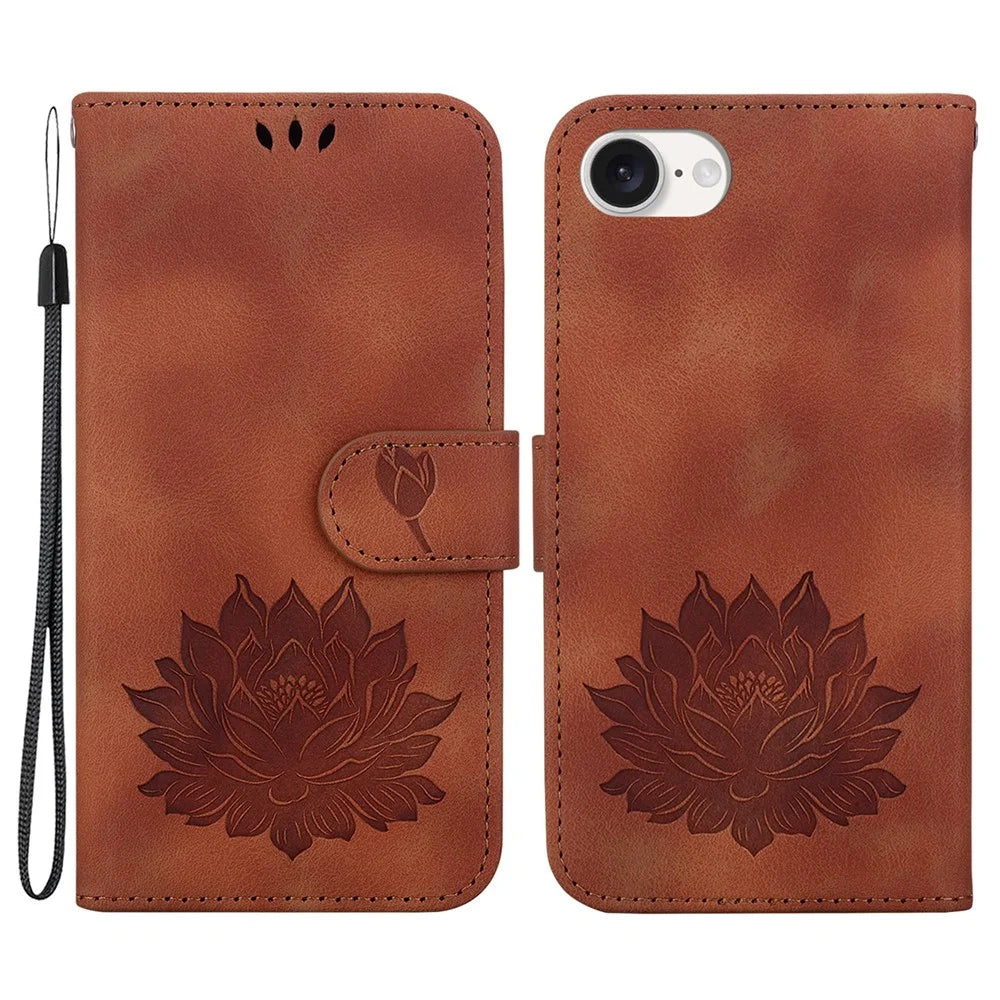 For iPhone 17e / 16e Case PU Leather Lotus Imprinted Phone Cover with Strap - Brown - 1