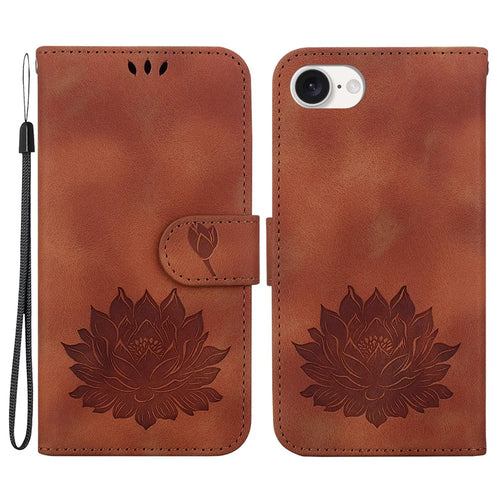 For iPhone 17e / 16e Case PU Leather Lotus Imprinted Phone Cover with Strap - Brown - 1