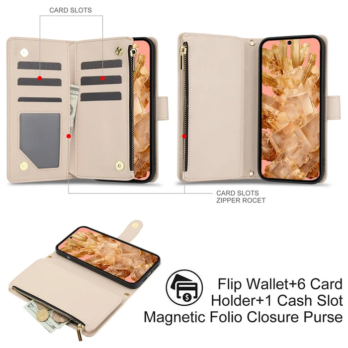 For Google Pixel 8 Case Chic Rhombus PU Leather Phone Cover with Shoulder Lanyard - Apricot - 2