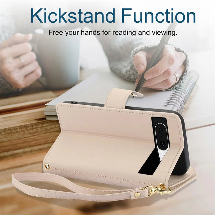 For Google Pixel 8 Case Chic Rhombus PU Leather Phone Cover with Shoulder Lanyard - Apricot - 3