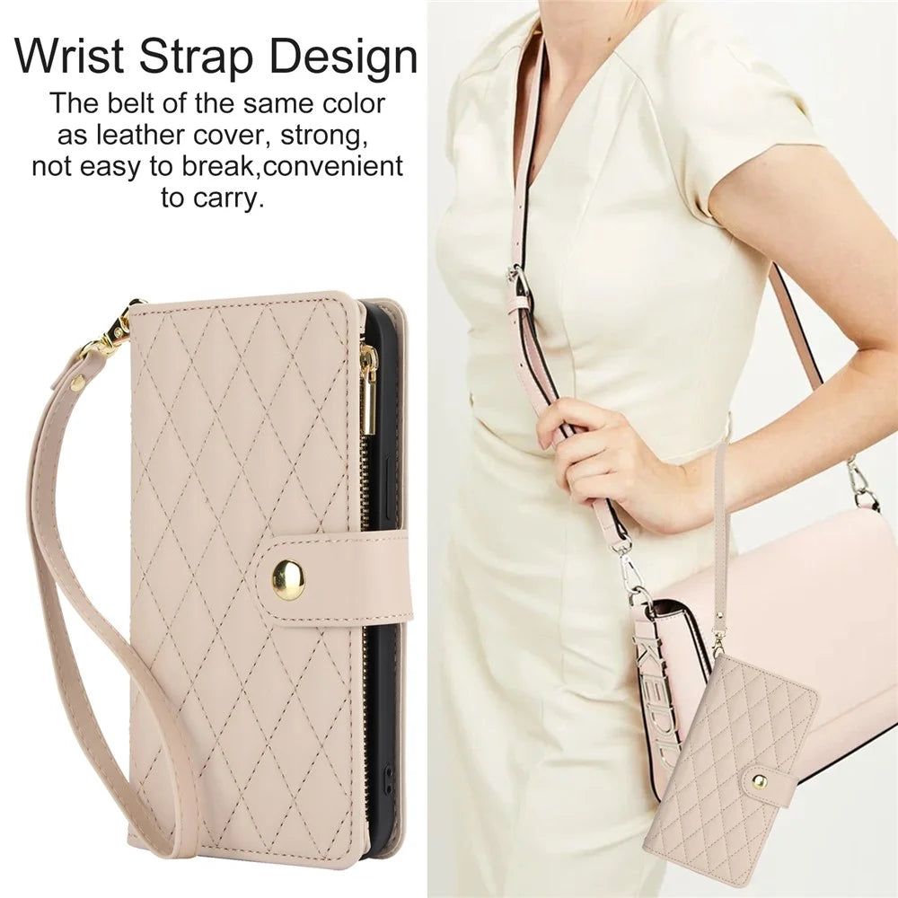 For Google Pixel 8 Case Chic Rhombus PU Leather Phone Cover with Shoulder Lanyard - Apricot - 4