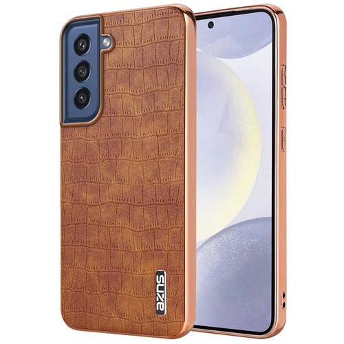 AZNS For Samsung Galaxy S21 FE 5G Case Crocodile Texture Electroplating Leather Back Phone Cover - Brown - 1