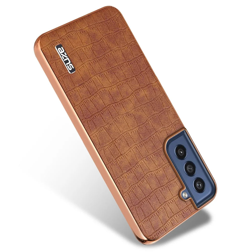 AZNS For Samsung Galaxy S21 FE 5G Case Crocodile Texture Electroplating Leather Back Phone Cover - Brown - 2