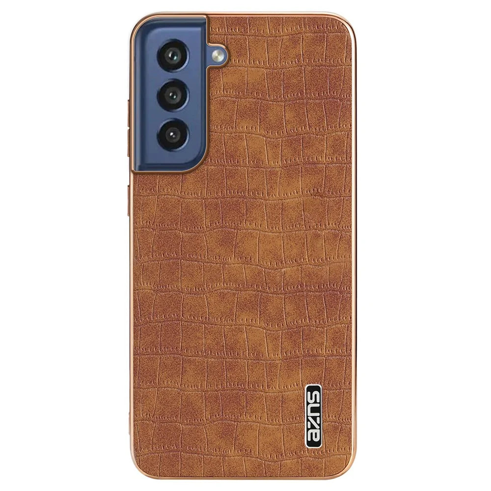 AZNS For Samsung Galaxy S21 FE 5G Case Crocodile Texture Electroplating Leather Back Phone Cover - Brown - 3
