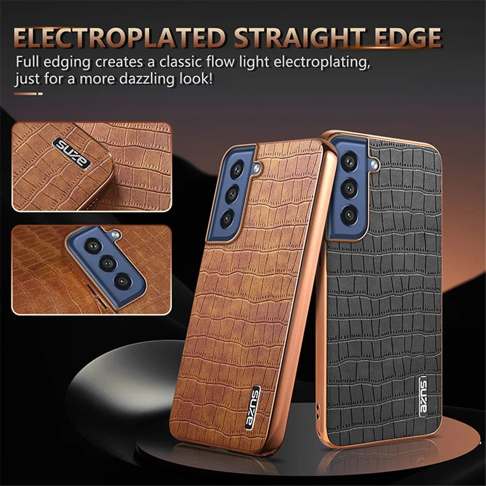 AZNS For Samsung Galaxy S21 FE 5G Case Crocodile Texture Electroplating Leather Back Phone Cover - Brown - 4