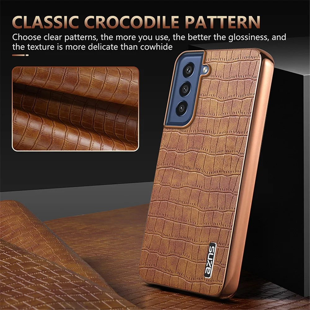 AZNS For Samsung Galaxy S21 FE 5G Case Crocodile Texture Electroplating Leather Back Phone Cover - Brown - 5