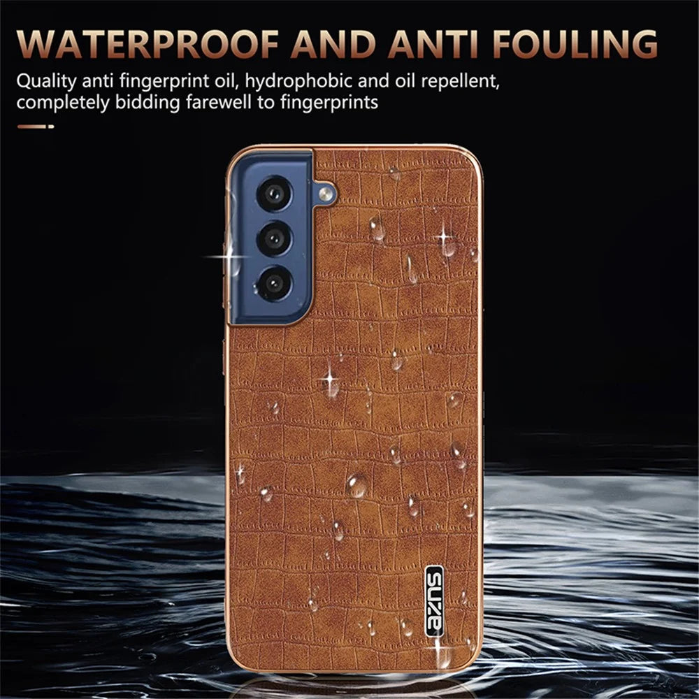 AZNS For Samsung Galaxy S21 FE 5G Case Crocodile Texture Electroplating Leather Back Phone Cover - Brown - 6