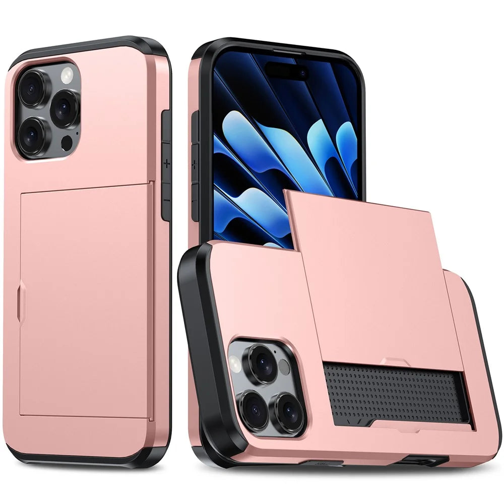 For iPhone 16 Pro Max Case TPU + PC Protective Phone Cover with Card Holder - Rose Gold - 1