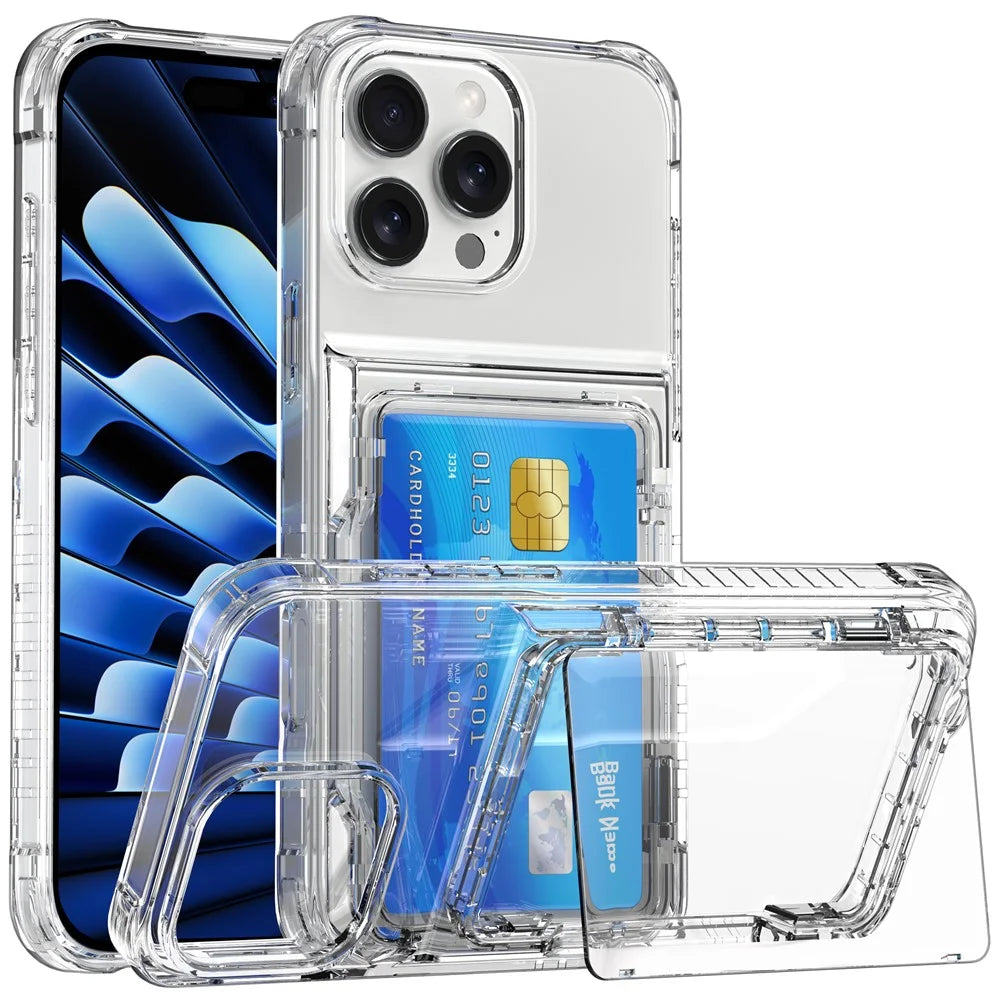 For iPhone 16 Pro Clear Case Kickstand Card Holder PC+TPU Phone Cover - Transparent - 1