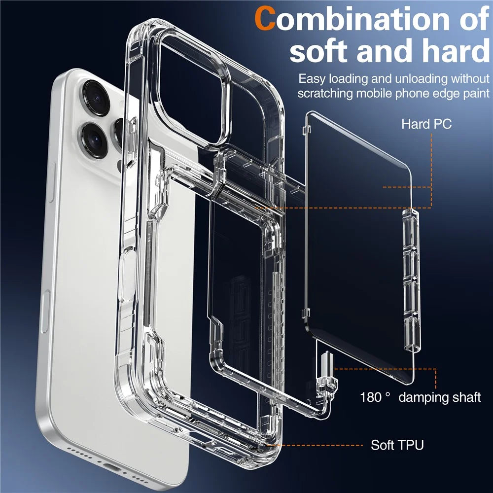For iPhone 16 Pro Max Clear Case PC+TPU Phone Cover Card Holder Kickstand - Transparent - 7